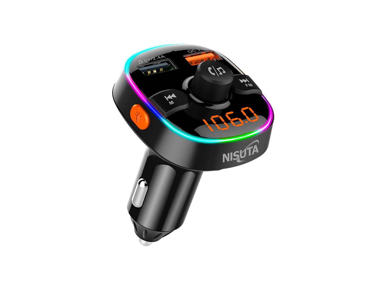 Transmisor FM bluetooth con 2 USB y carga rapida QC3.0, con luces · Nisuta
