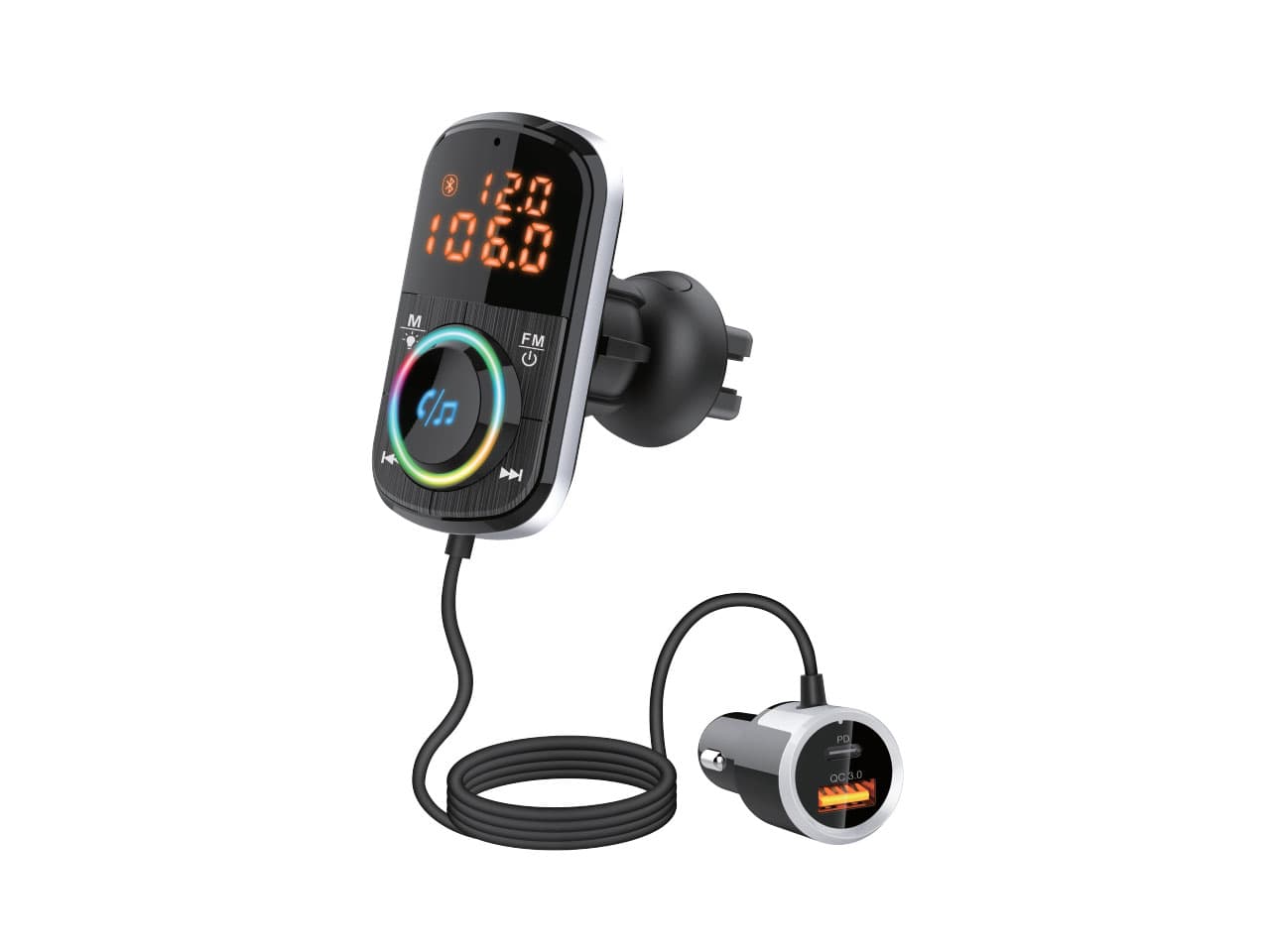 Transmisor FM bluetooth con 2 USB carga rapida QC3.0 y USB C (PD), con luces