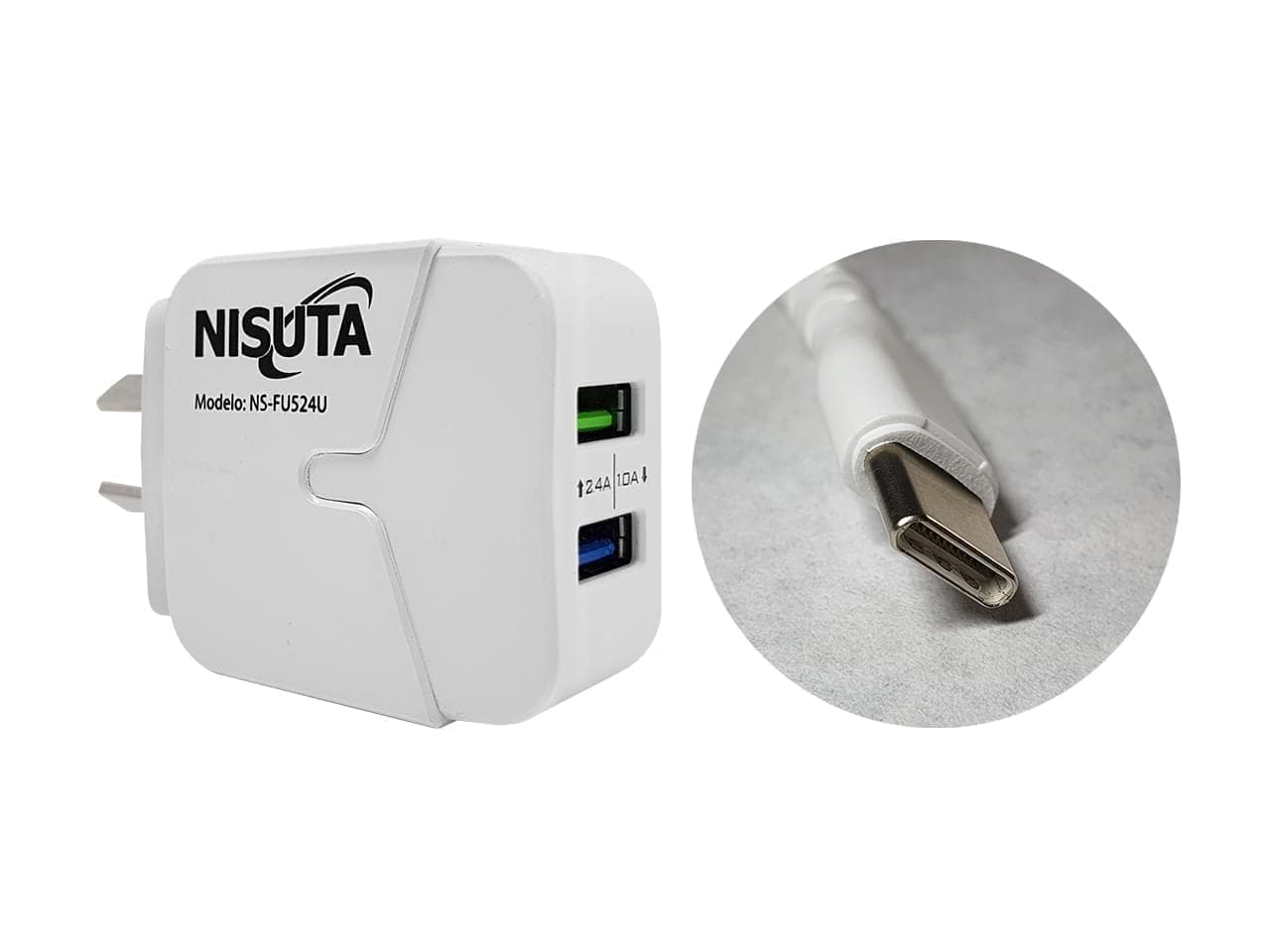 Fuente de alimentación 2 puertos USB 2.4A, cable USB C 1m · Nisuta · Sin certificar