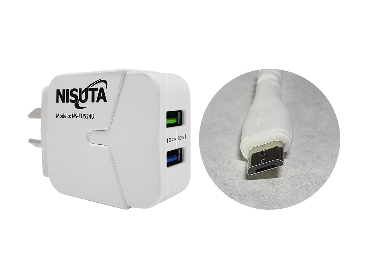 Fuente de alimentación 2 puertos USB 2.4A, cable micro USB 1m · Nisuta · Sin certificar