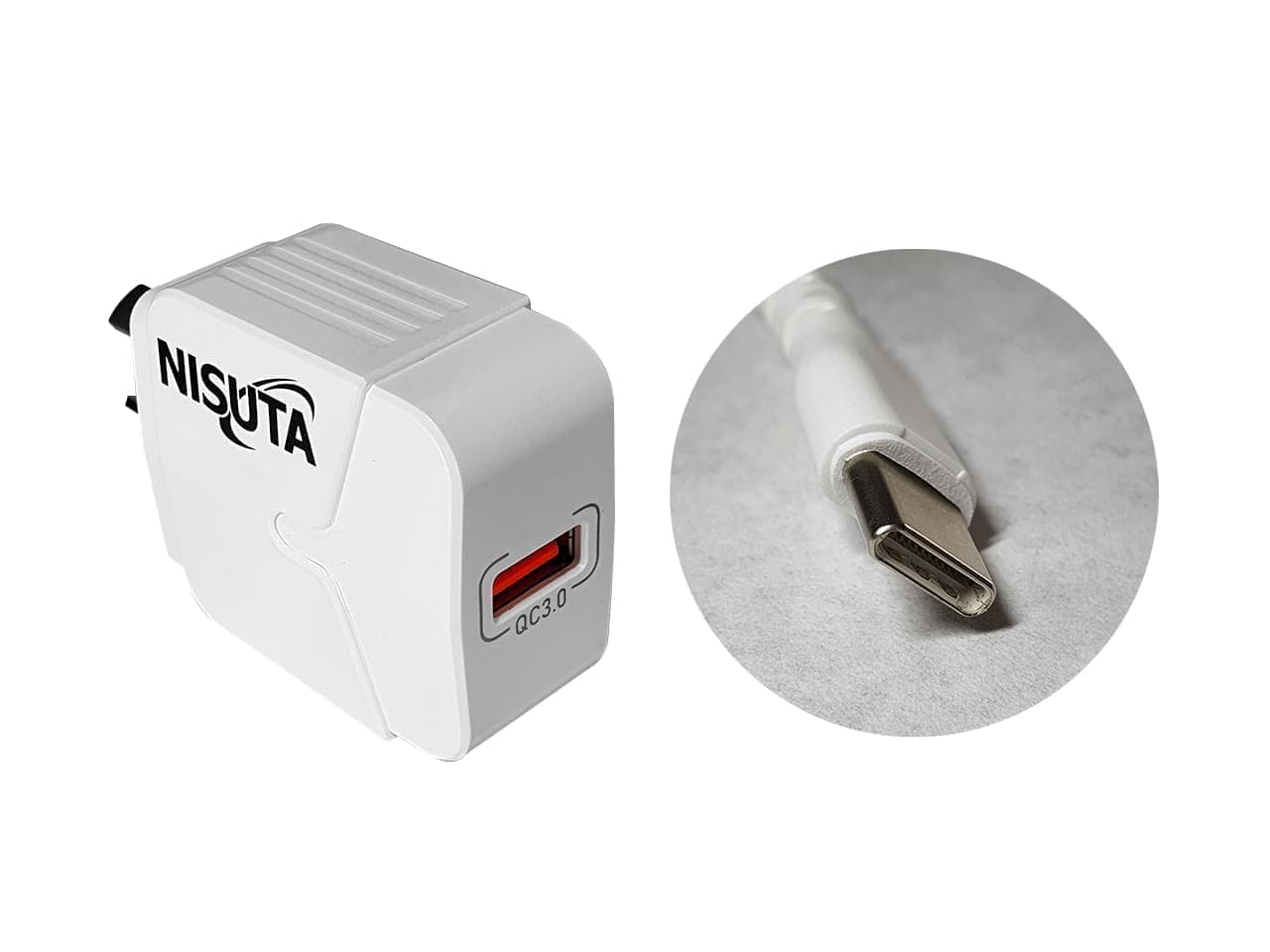Fuente de alimentación USB carga rápida QC3.0, cable USB C 1m · Nisuta · Sin certificar