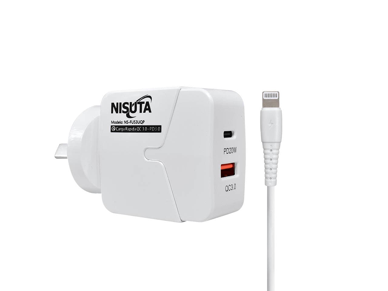 Fuente de alimentación 1 puerto USB y 1 PD Port carga rápida cable Iphone de 1m · Nisuta · Sin certificar