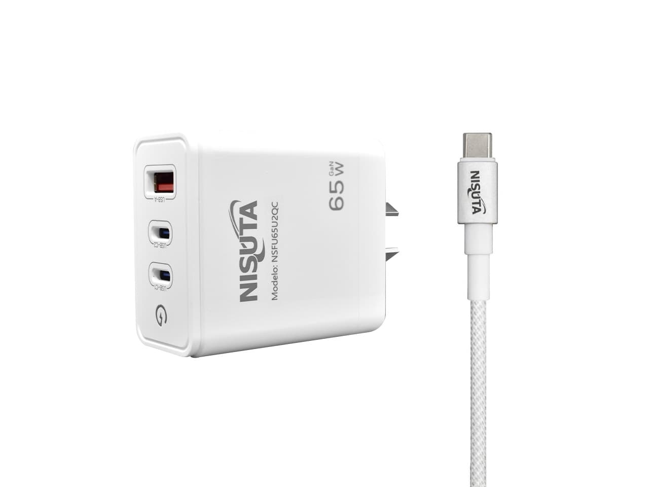 Fuente de alimentación de 1 puerto USB y 2 PD port 65W con cable usb C · Nisuta · Sin certificar