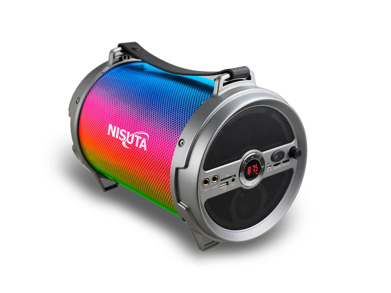 Parlante multimedia portatil con radio FM, BT y luces
