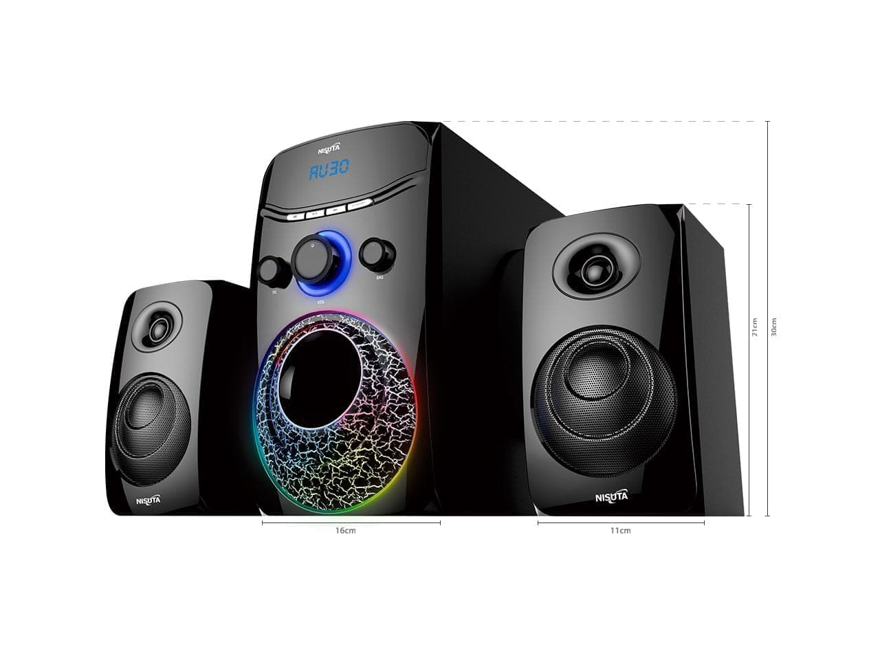 Parlante multimedia 2.1 con FM, Bluetooth, MP3 y luces