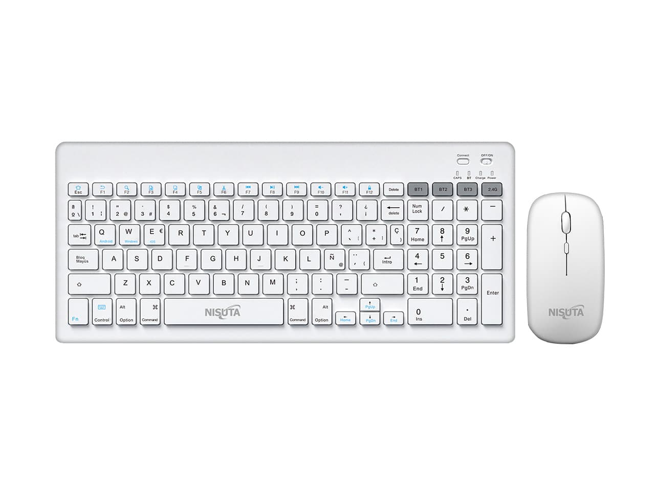 Combo mouse y teclado multimedia bluetooth blanco con bateria recargable · Nisuta