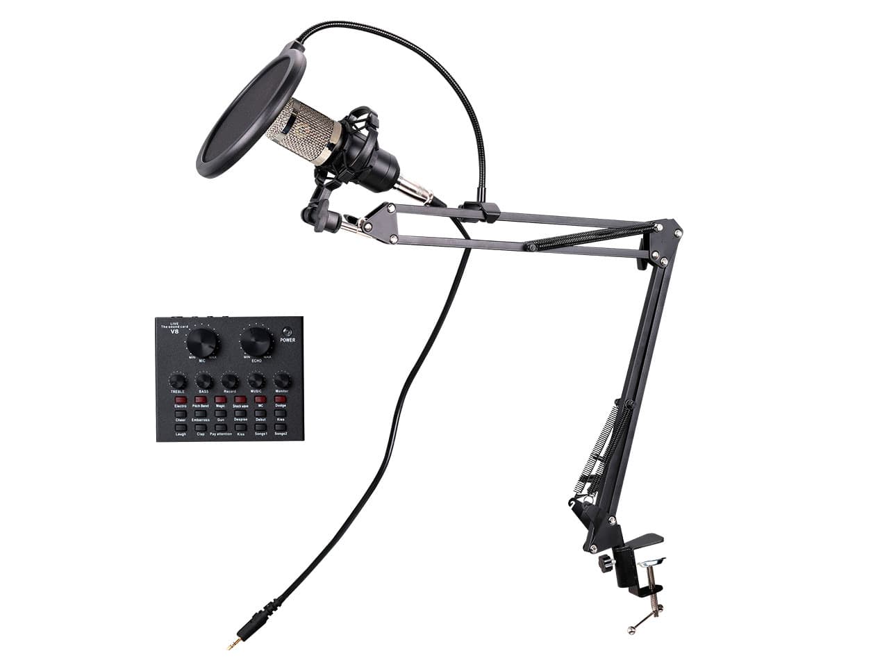 Micrófono con consola de audio, brazo metalico y soporte antivibración