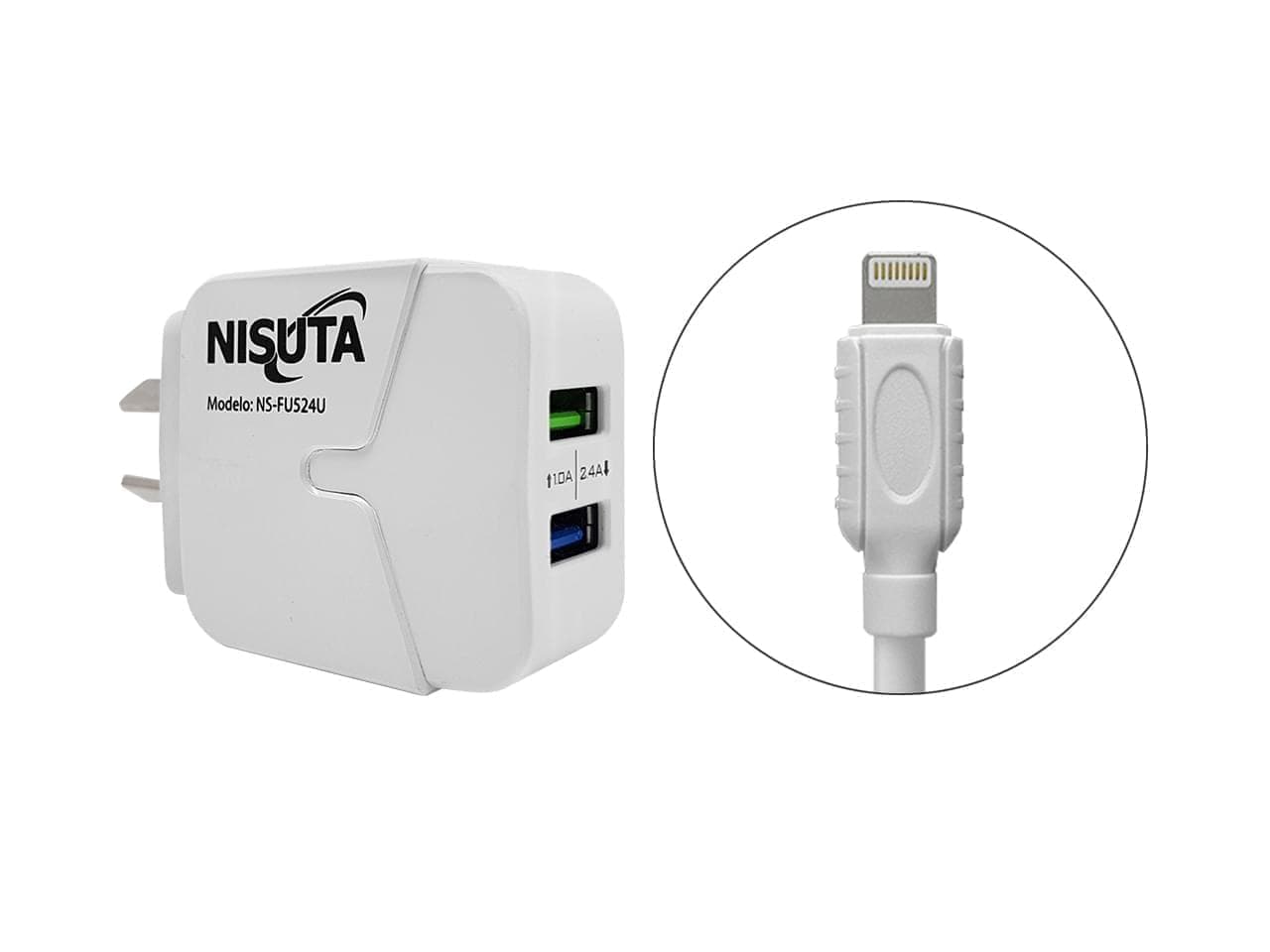Fuente de alimentación 2 puertos USB 2.4A, cable Iphone 1m · Nisuta · Sin certificar