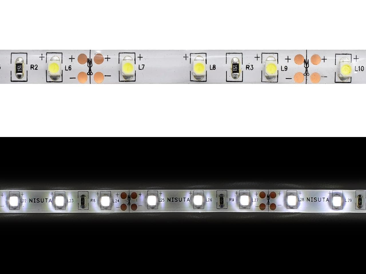 Tira de LEDs externa silicona 3528 60L/M blanco puro 12v x metro · Nisuta