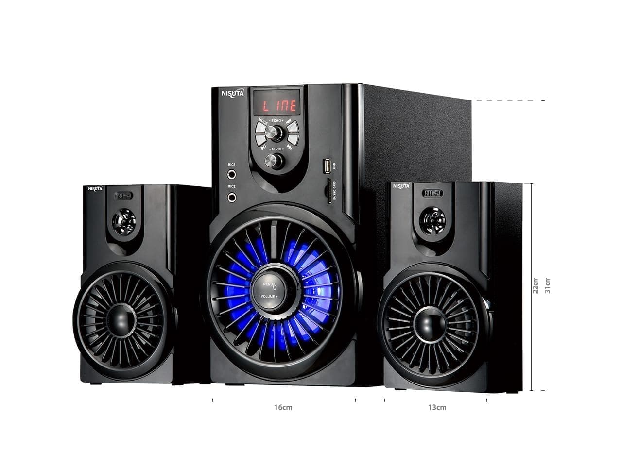 Parlante multimedia 2.1 con FM, Bluetooth, MP3 y luces · Nisuta · Bluetooth