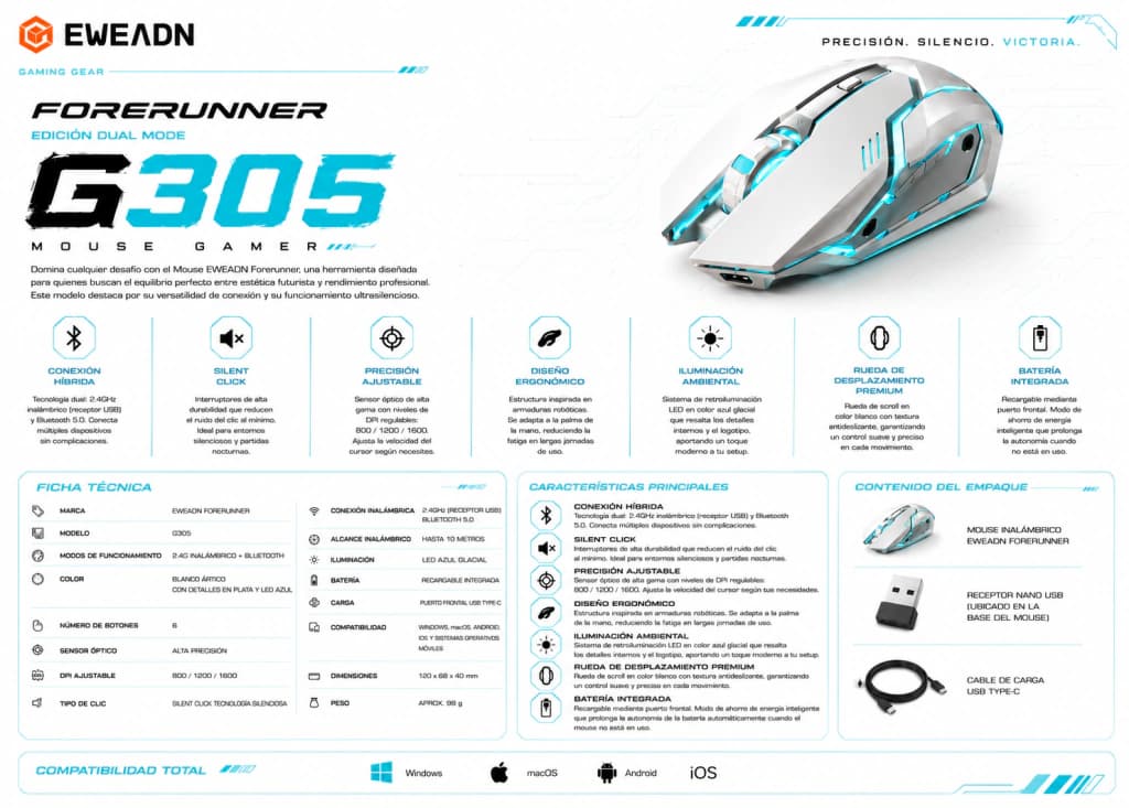 Mouse Inalámbrico EWEADN Forerunner | Bluetooth + 2.4G y Clic Silencioso · Eweadn