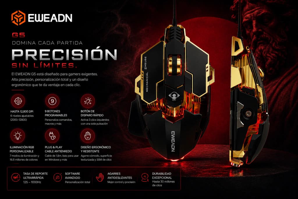 Mouse Gamer EWEADN G5 | 9 Botones Programables, Botón de Disparo y 12.800 DPI · Eweadn